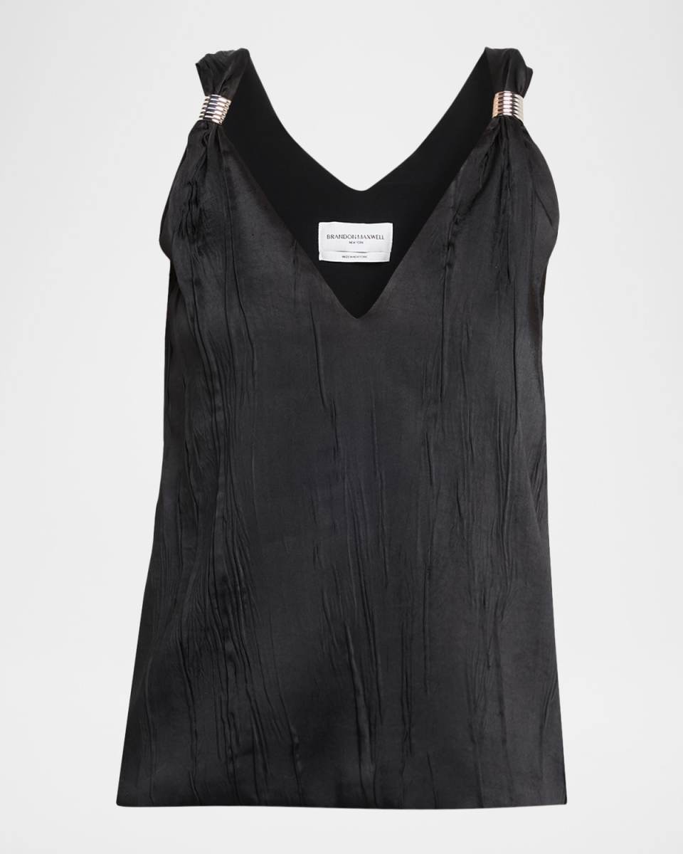 Drew Plunging Ring Crinkle Satin Tank Top